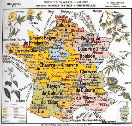 Ce précieux remède Carte des régions productrices de chanvre naturel (considéré comme du cannabis aujourd'hui) en France, vers 1900...